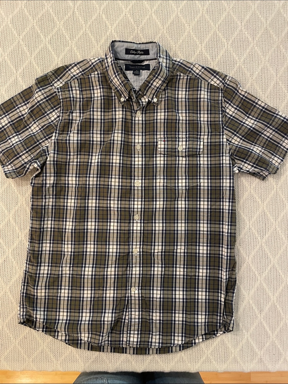 Tommy Hilfiger Olive, White and Navy Plaid Short-Sleeve Button-Down